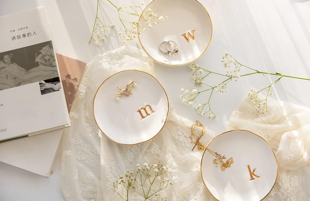 beautiful white ceramic jewelry trays with gold monograms customized gift idea