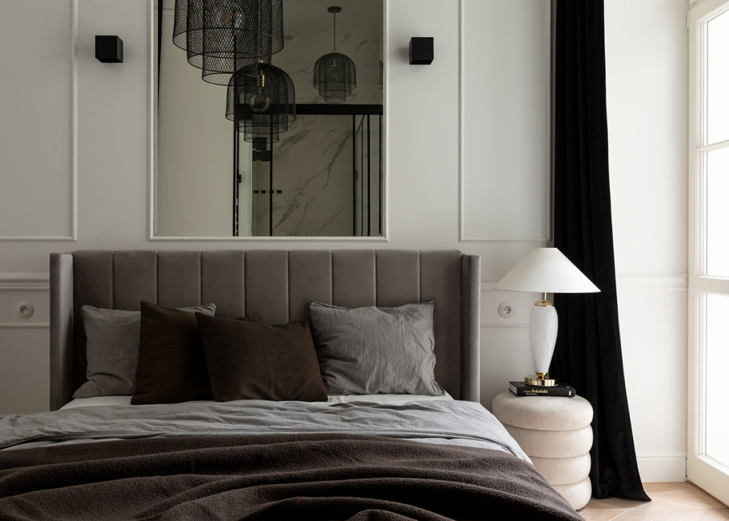 Bedroom with velvet upholstered bed