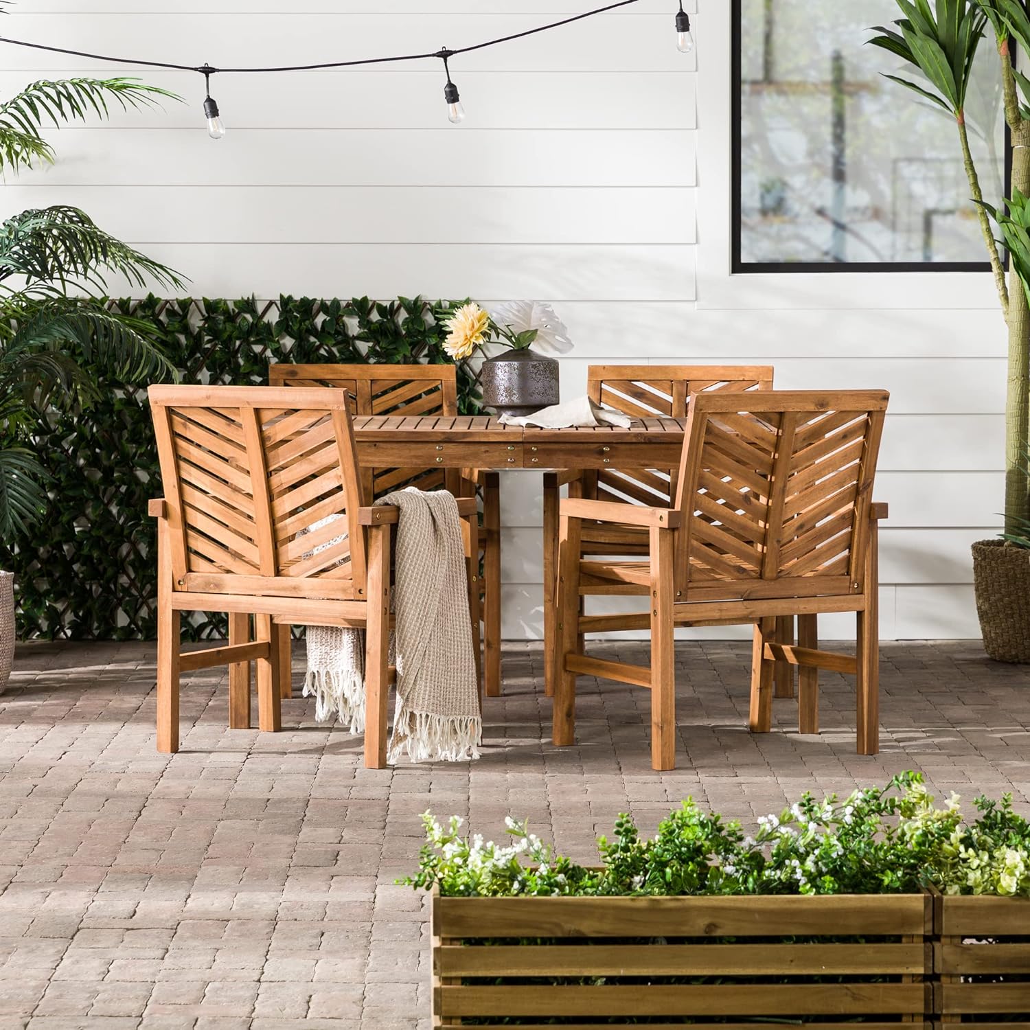 wood outdoor dining set with chevron slats