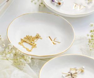 round white ceramic jewelry trinket trays with golden monogram