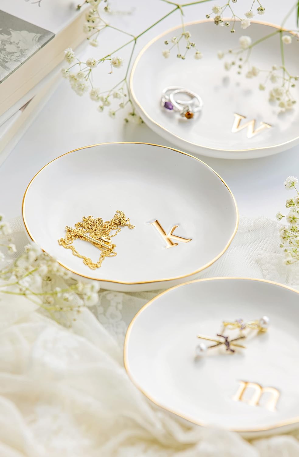 elegant round white ceramic jewelry trinket trays with golden monogram and rim lipped dish a b c customizable wedding gifts anniversary