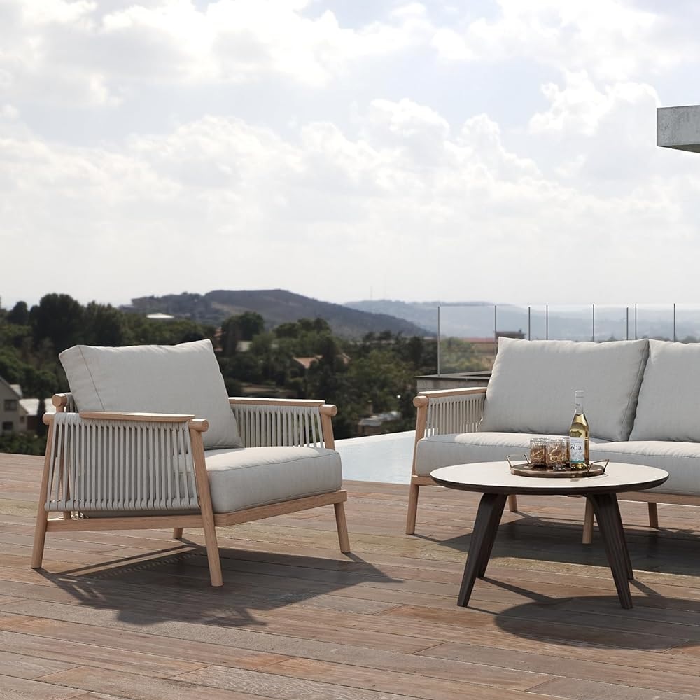 faux wood armchair sitting on bright patio