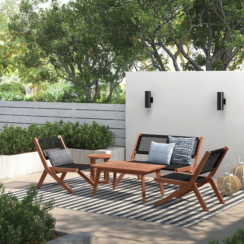 wood patio furniture grouping with black seats