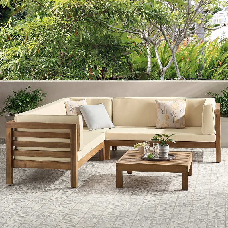 l shaped wood patio sofa with slatted sides