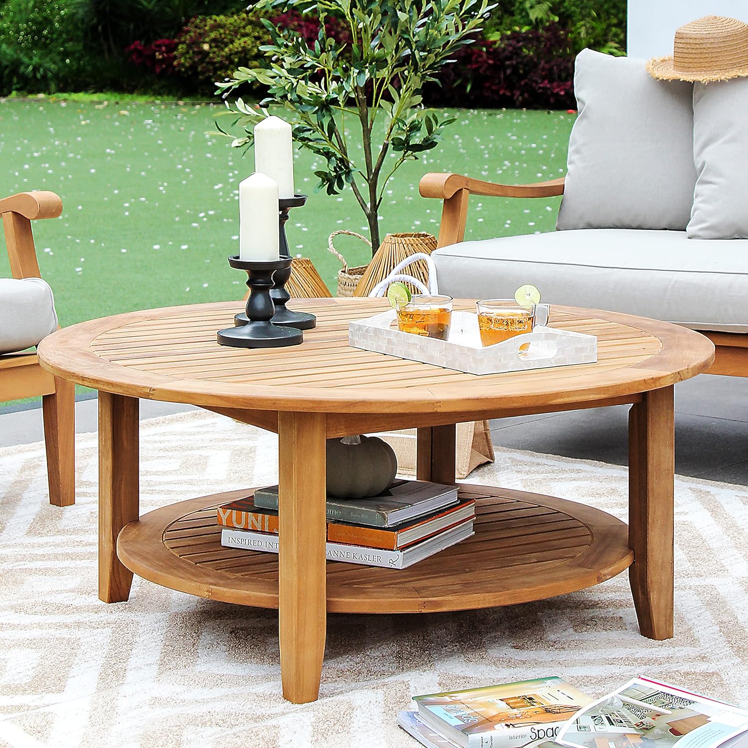 large round outdoor coffee table made from wood