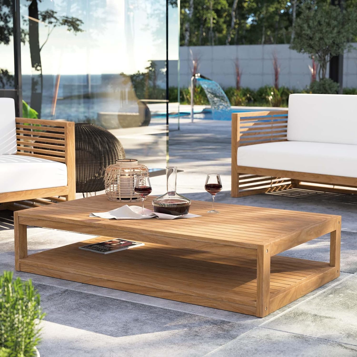 low wood coffee table with shelf on patio outdoors