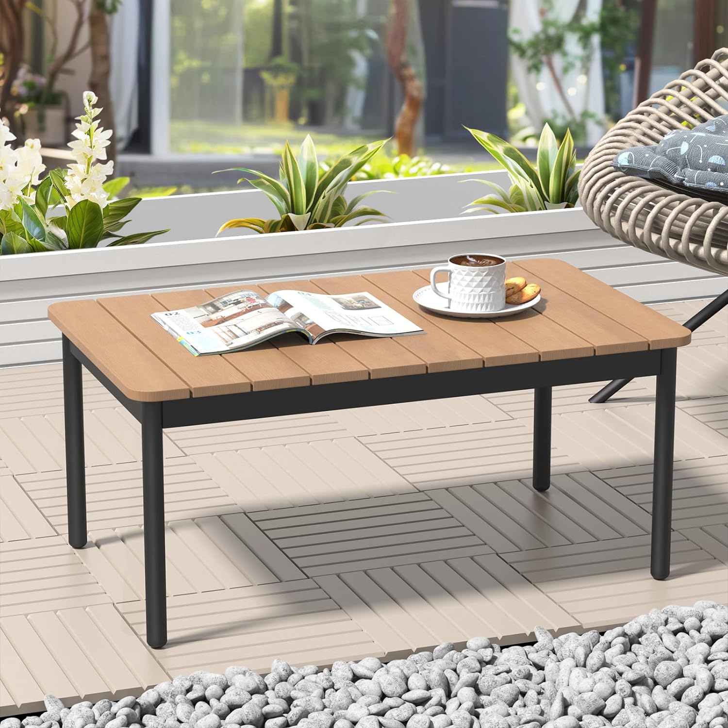 faux wood coffee table on patio