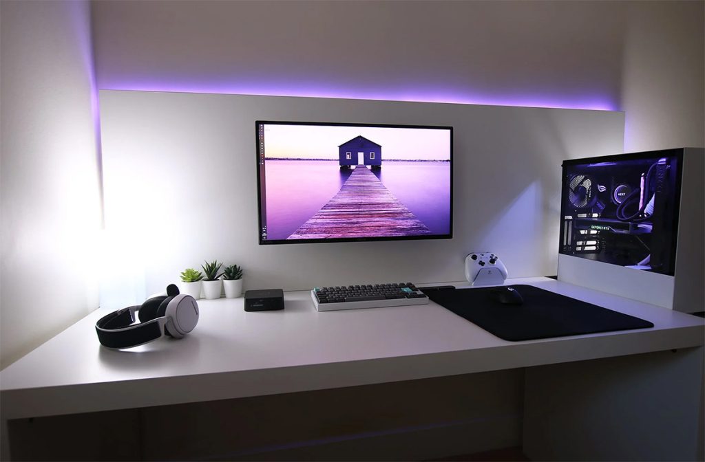 minimal gaming setup with led lights