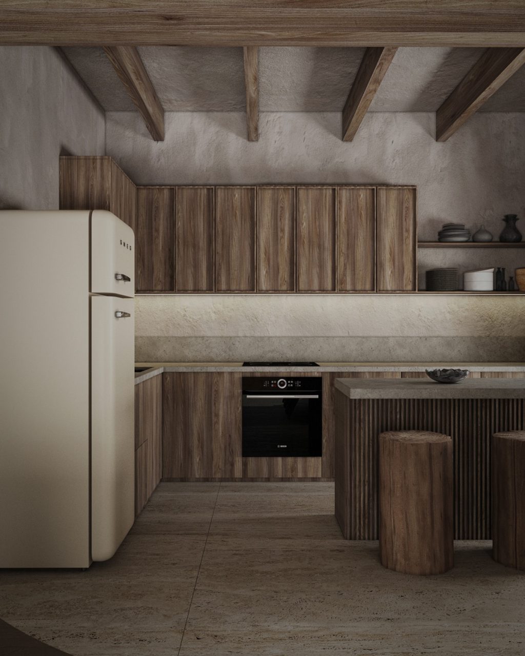 natural kitchen with fridge