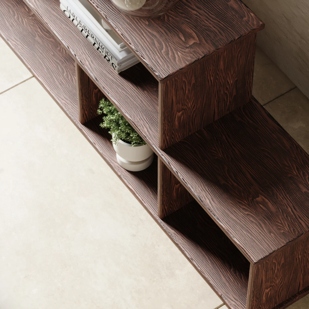 Closeup of solid dark walnut bookshelf