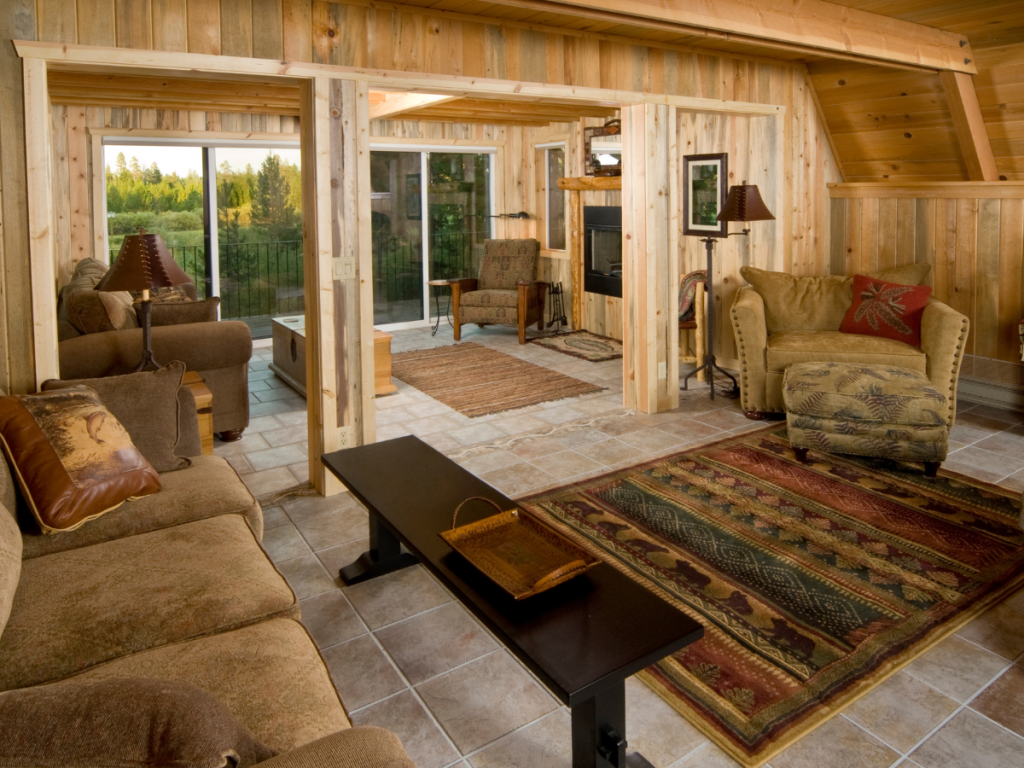 Rustic living room with layered rugs