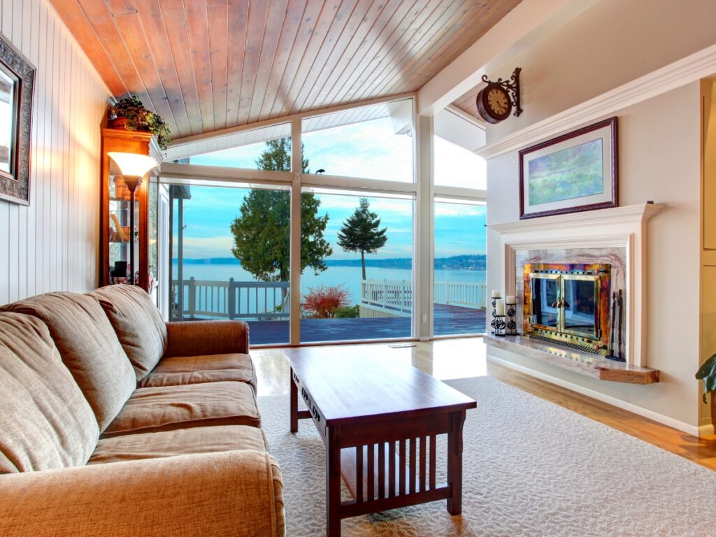 Rustic Living Room with Sloped Ceiling 