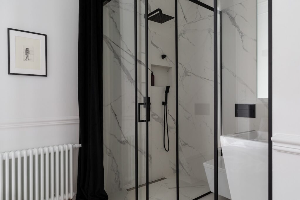 sleek bathroom with black hardware