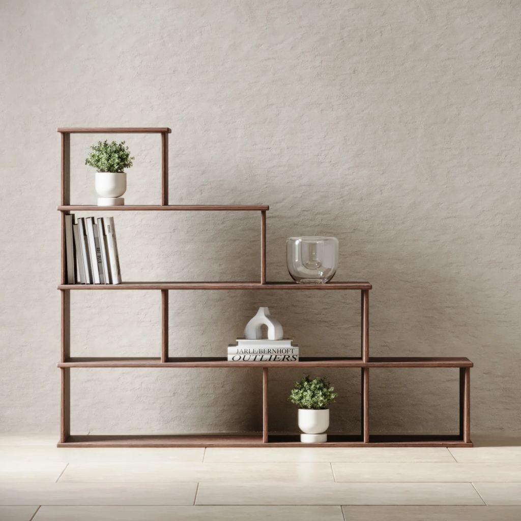 Stepped solid walnut bookshelf