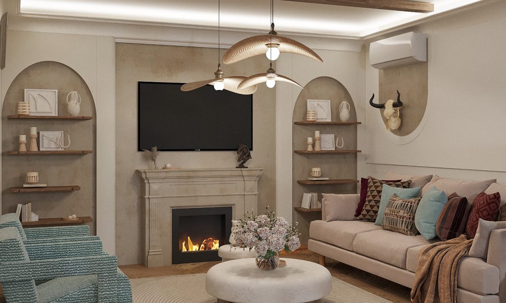 Stone Fireplace In Rustic Living Room 