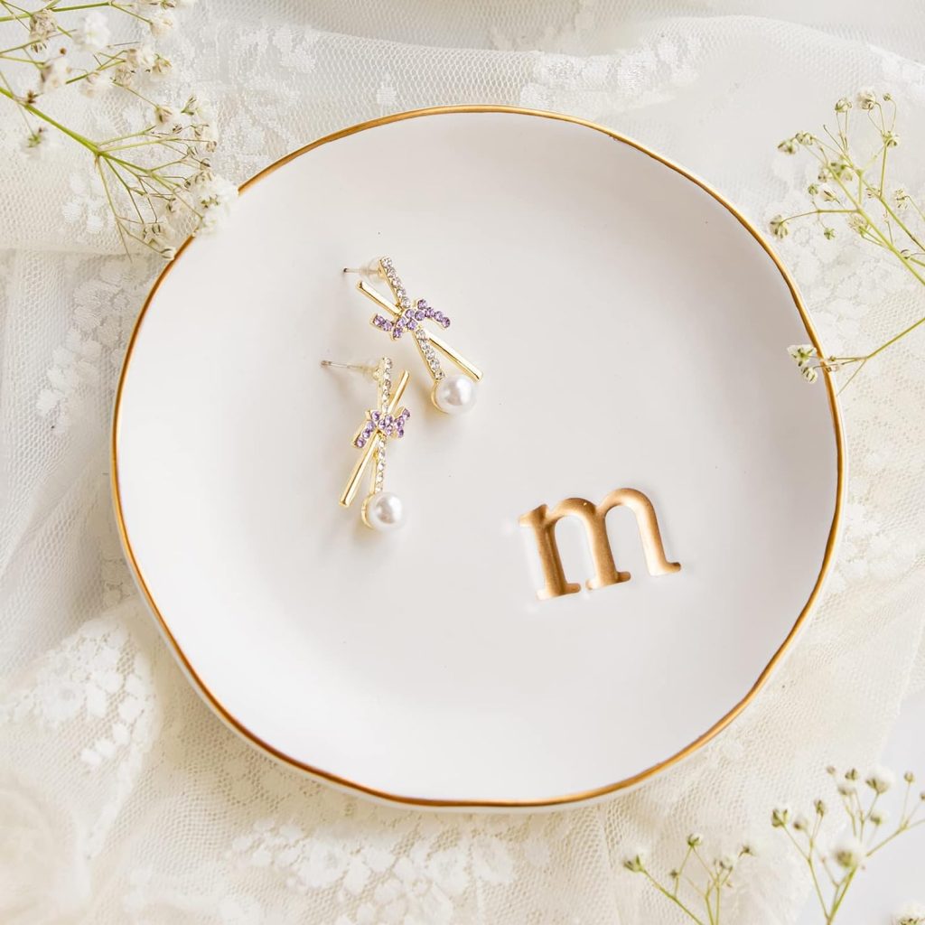 white ceramic monogrammed trinket tray with gold lettering gilded rim housewarming wedding gift affordable sentimental gifts for sale