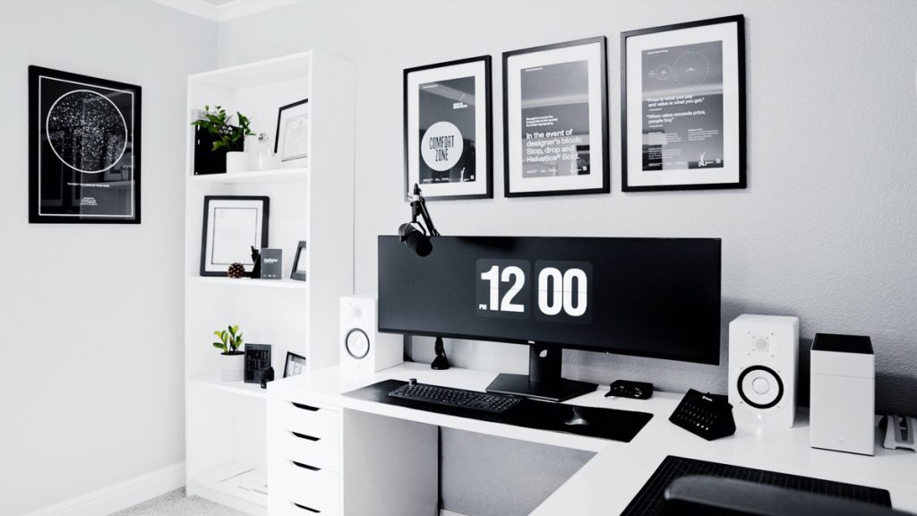 white gaming setup with black accents