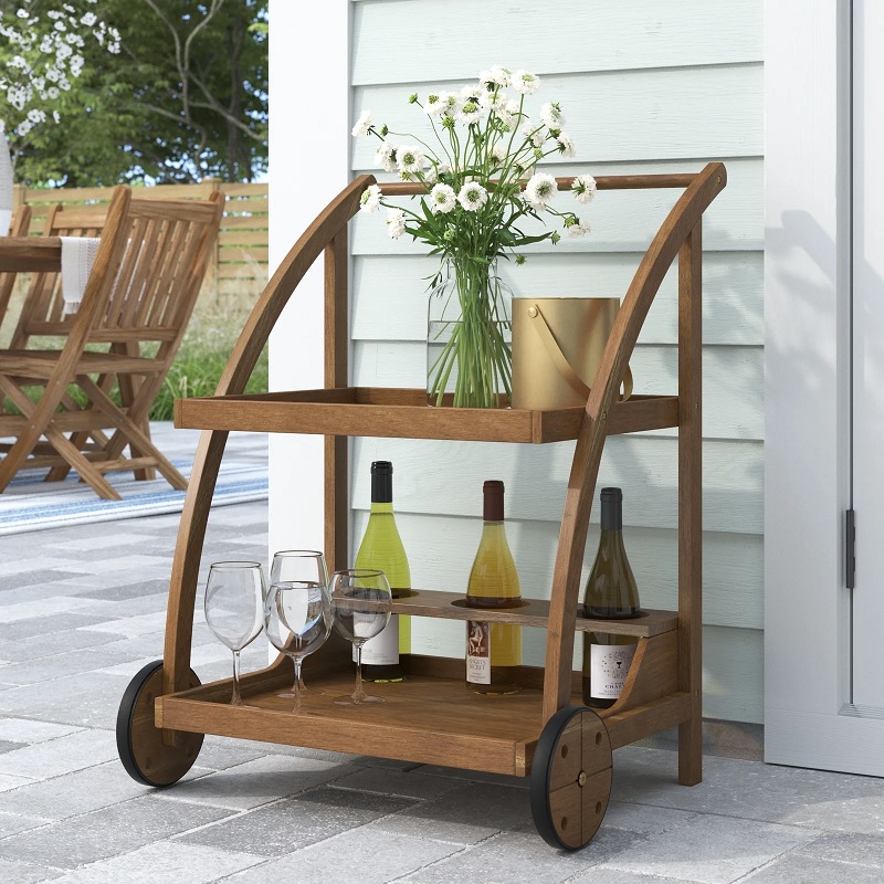 wooden patio bar cart with wine bottles