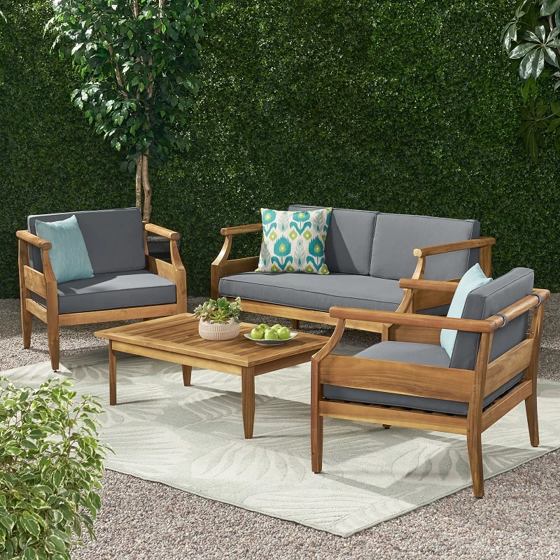 wood patio furniture set with grey cushions