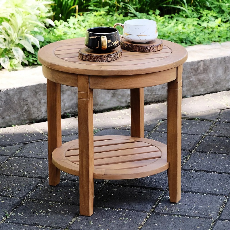 small round wooden outdoor table with shelf