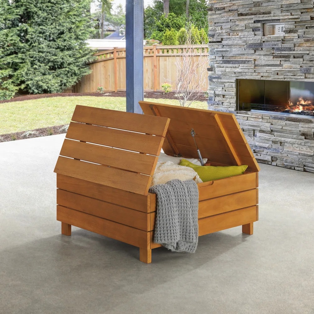 square wooden coffee table with top opened for storage