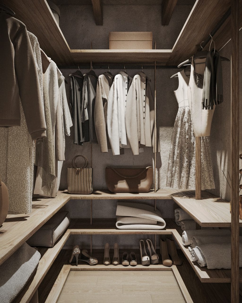 wood wardrobe with clothes