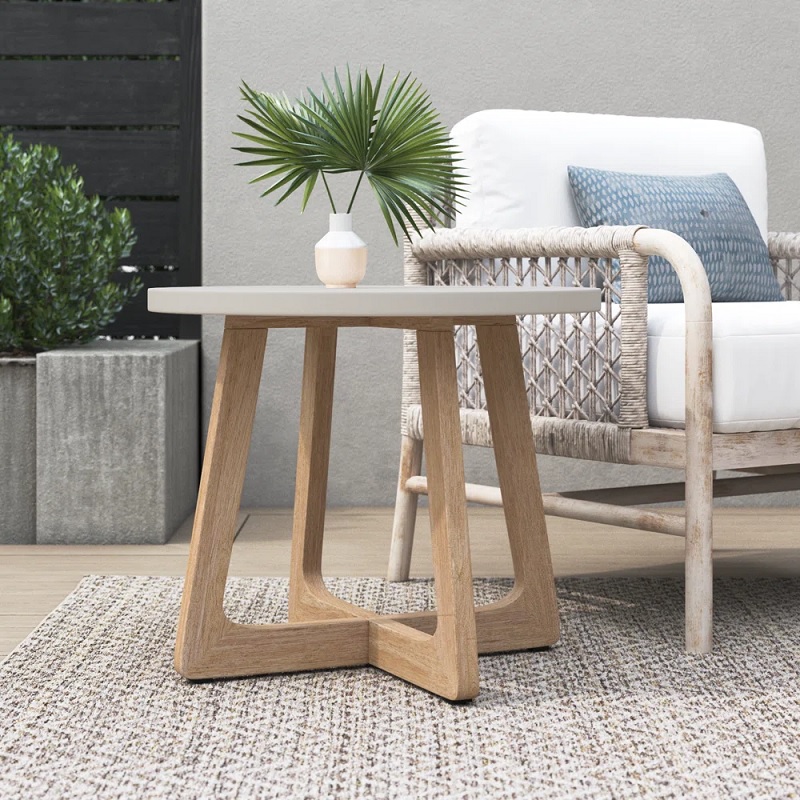 wooden outdoor coffee table with cross base and grey top