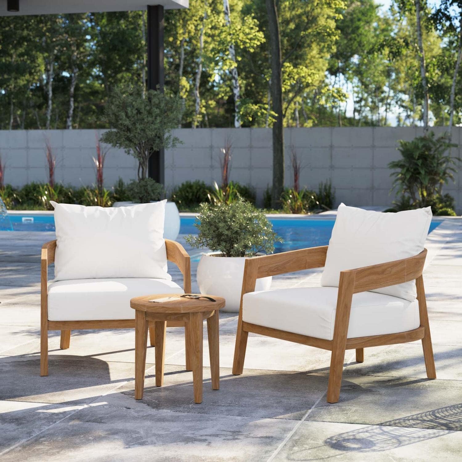 wooden outdoor furniture with white cushions