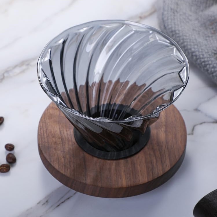 Smokey glass pour over coffee dripper with walnut wood handle