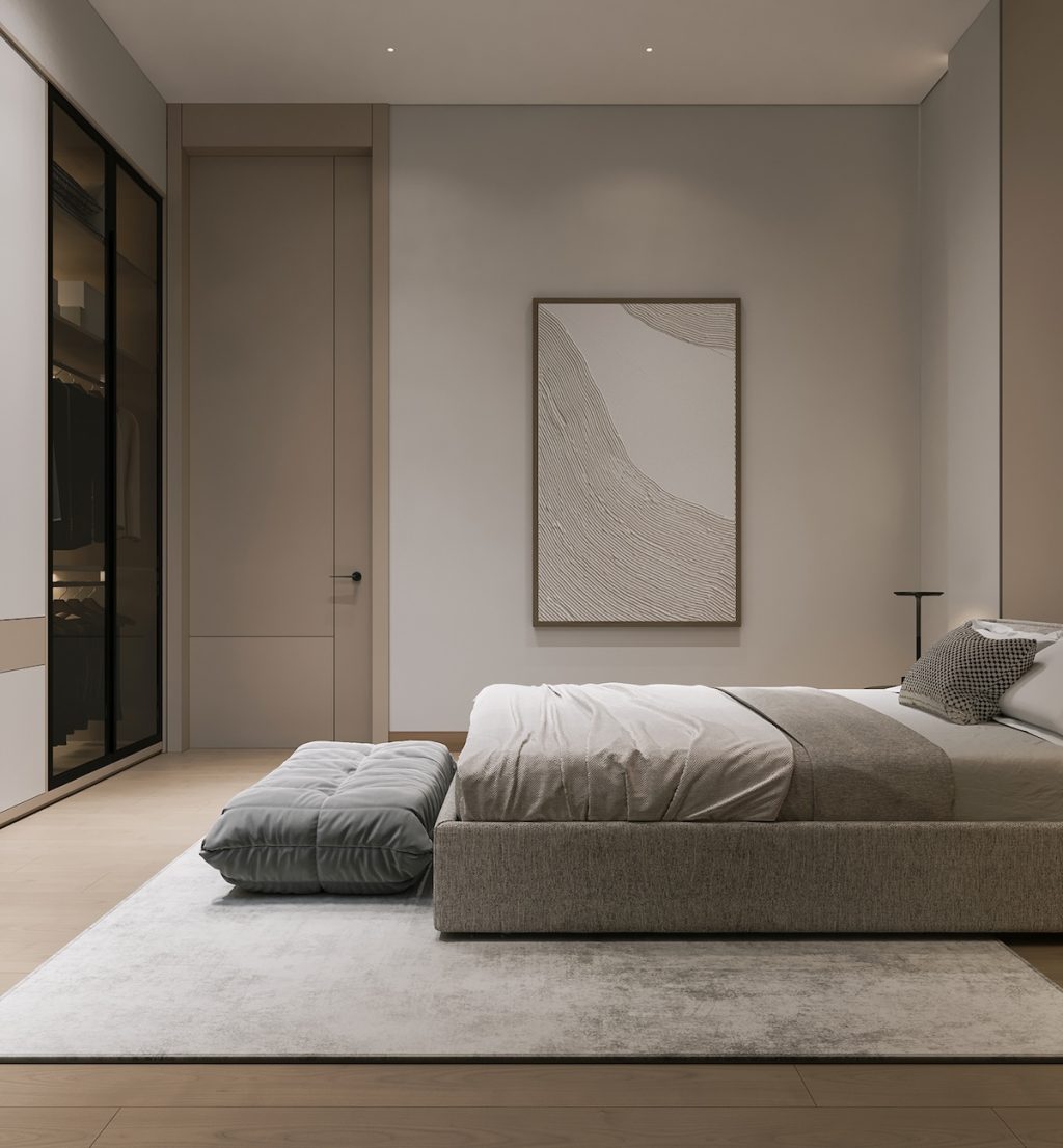 bedroom with glass front cabinetry