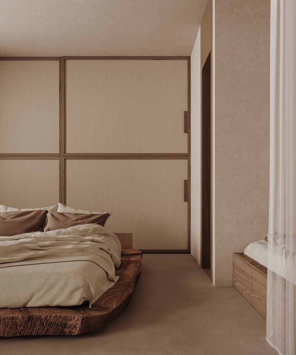 bedroom with rustic wooden bed