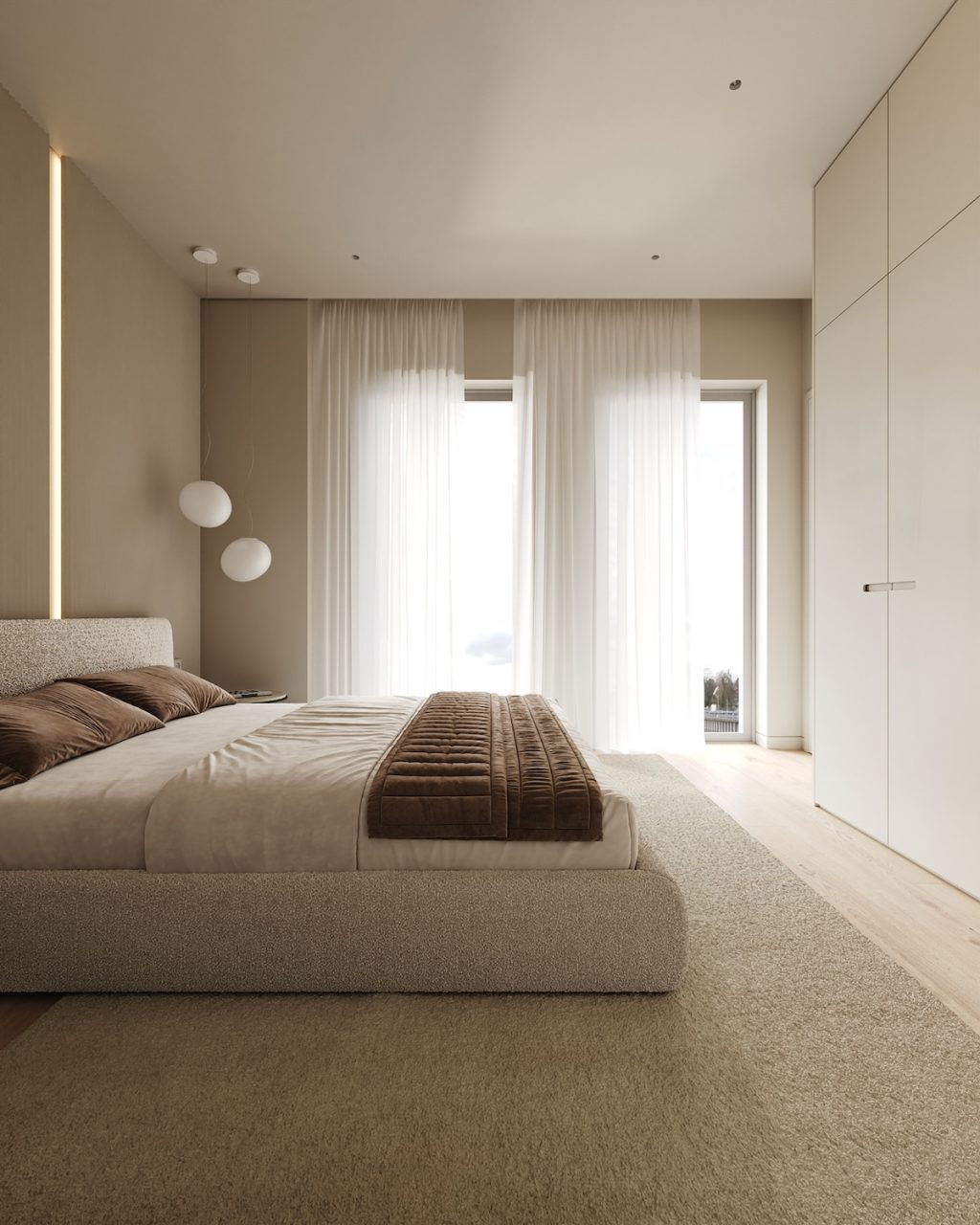 beige room with translucent window dressings