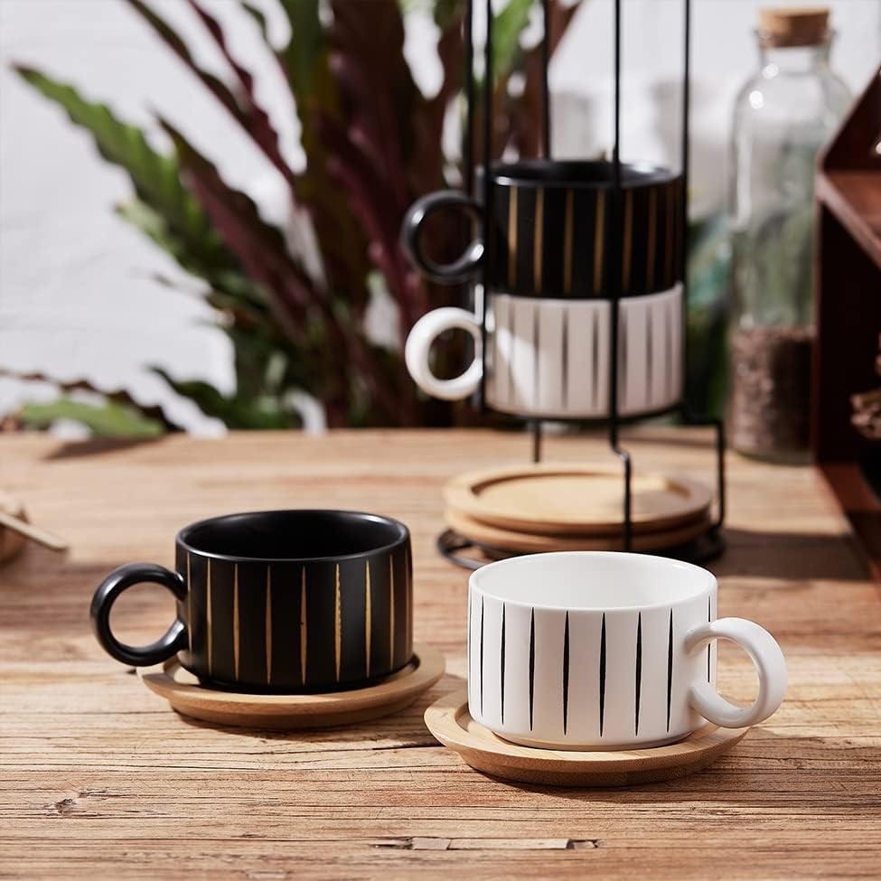 A cappuccino cup set with a stacking holder