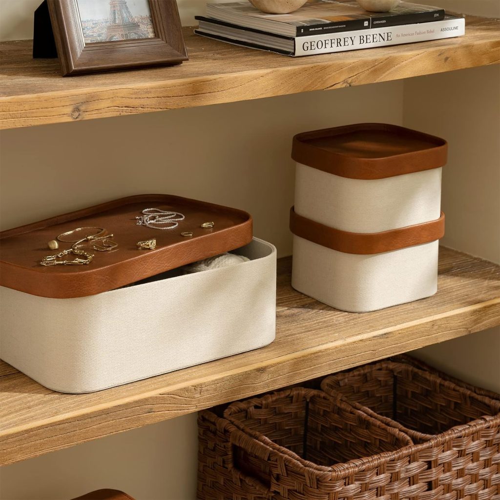 Decorative storage boxes with faux leather lids