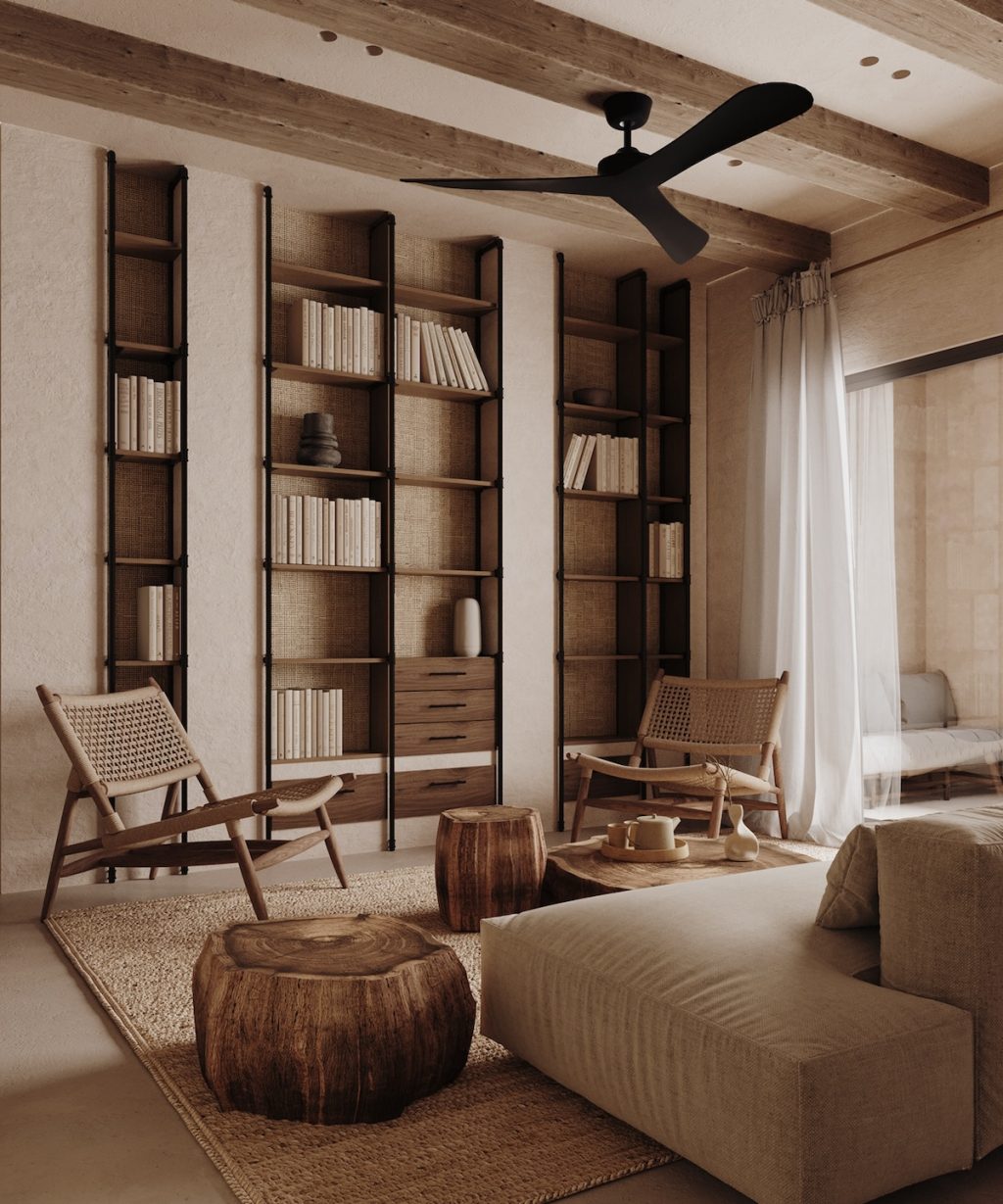 builtin bookshelf in rustic interior