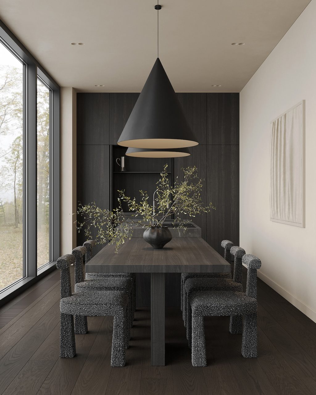 dark and elegant dining room with natural touches