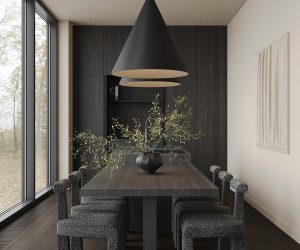 dark and elegant dining room with natural touches