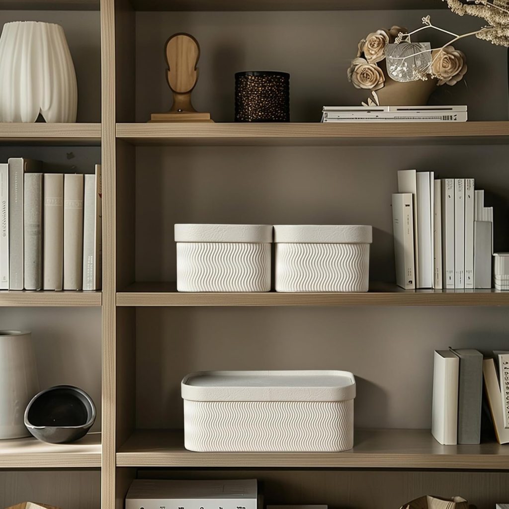 White decorative storage boxes on a shelf