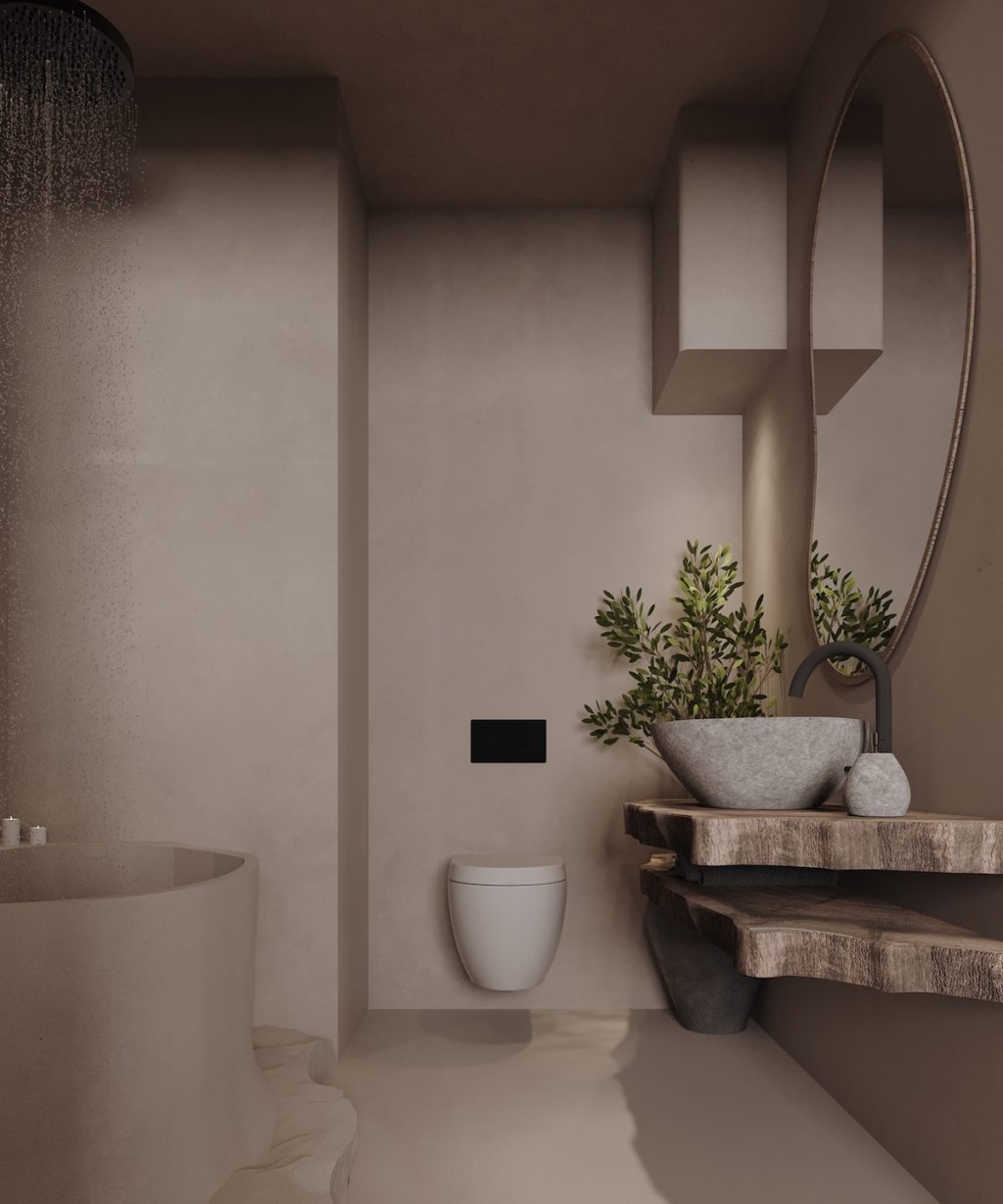 exposed wood vanity in rustic bathroom