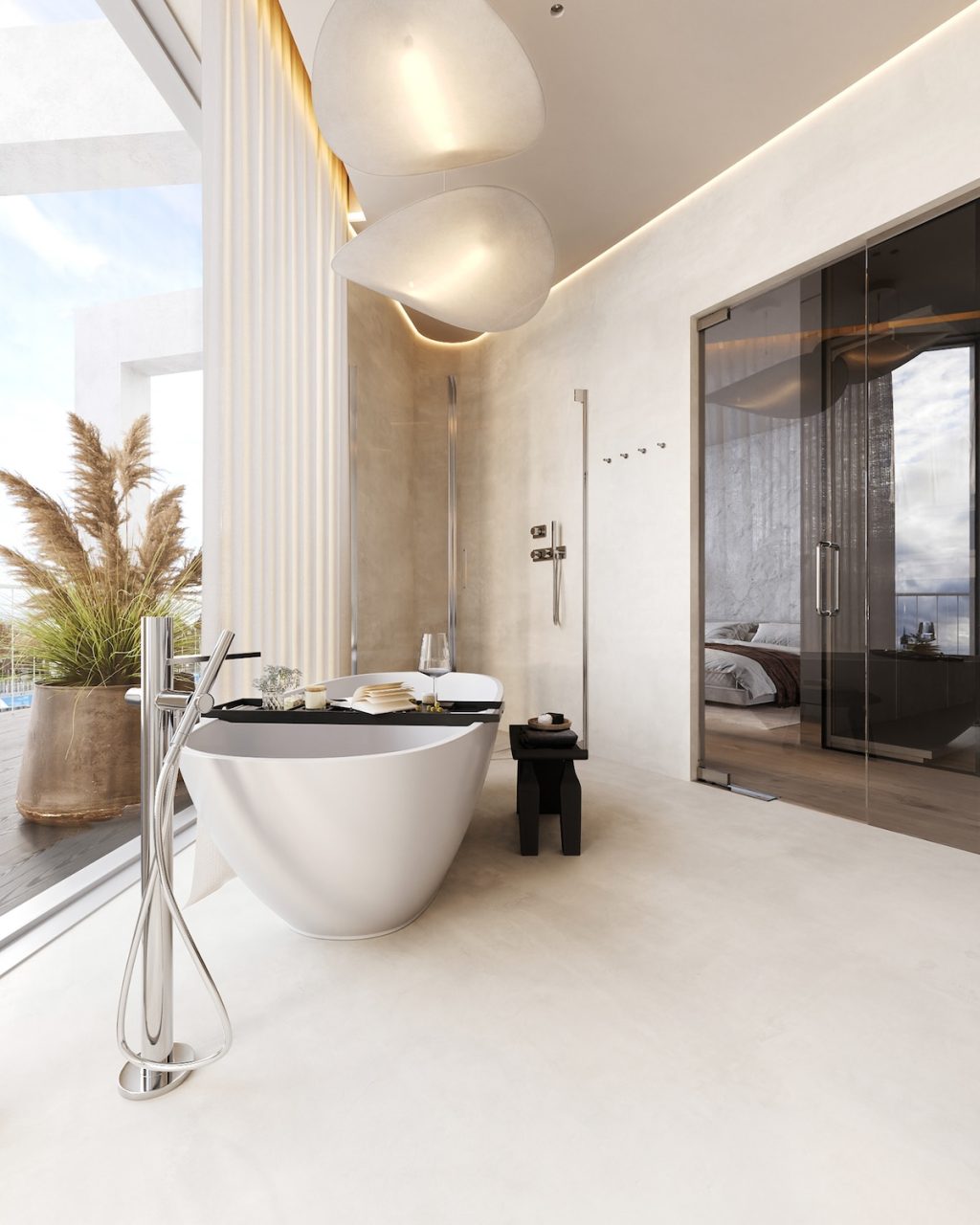 freestanding bathtub in spacious bathroom