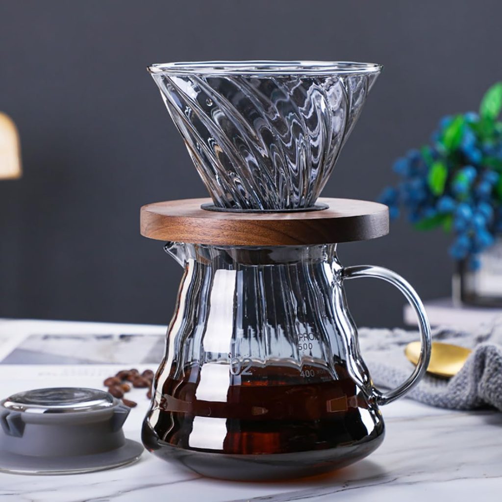 Stylish pour over coffee carafe on kitchen countertop