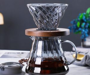 Stylish pour over coffee carafe on kitchen countertop