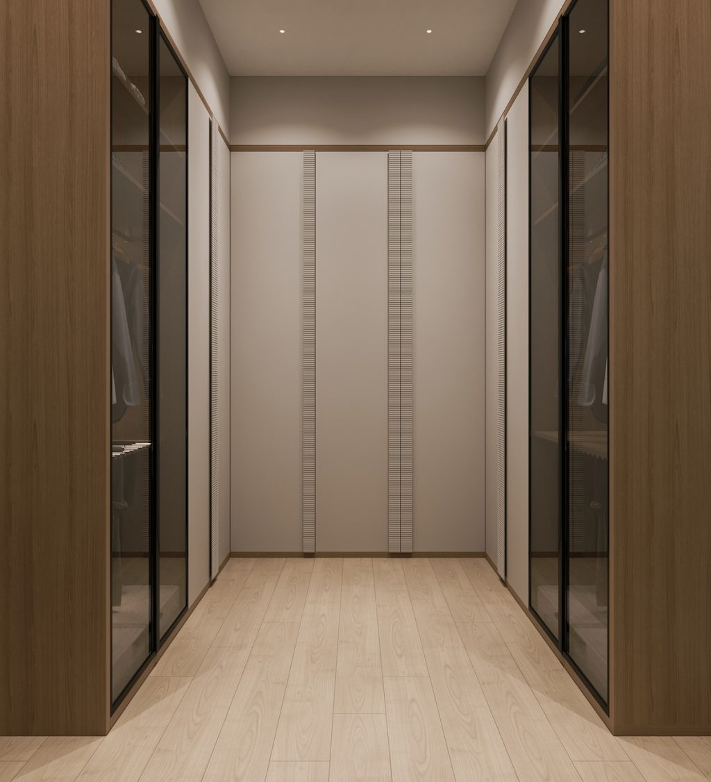 modern closet with wooden hues