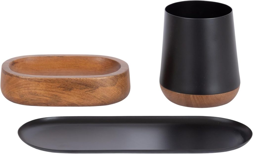 Wood bowl, black cup, and low black tray