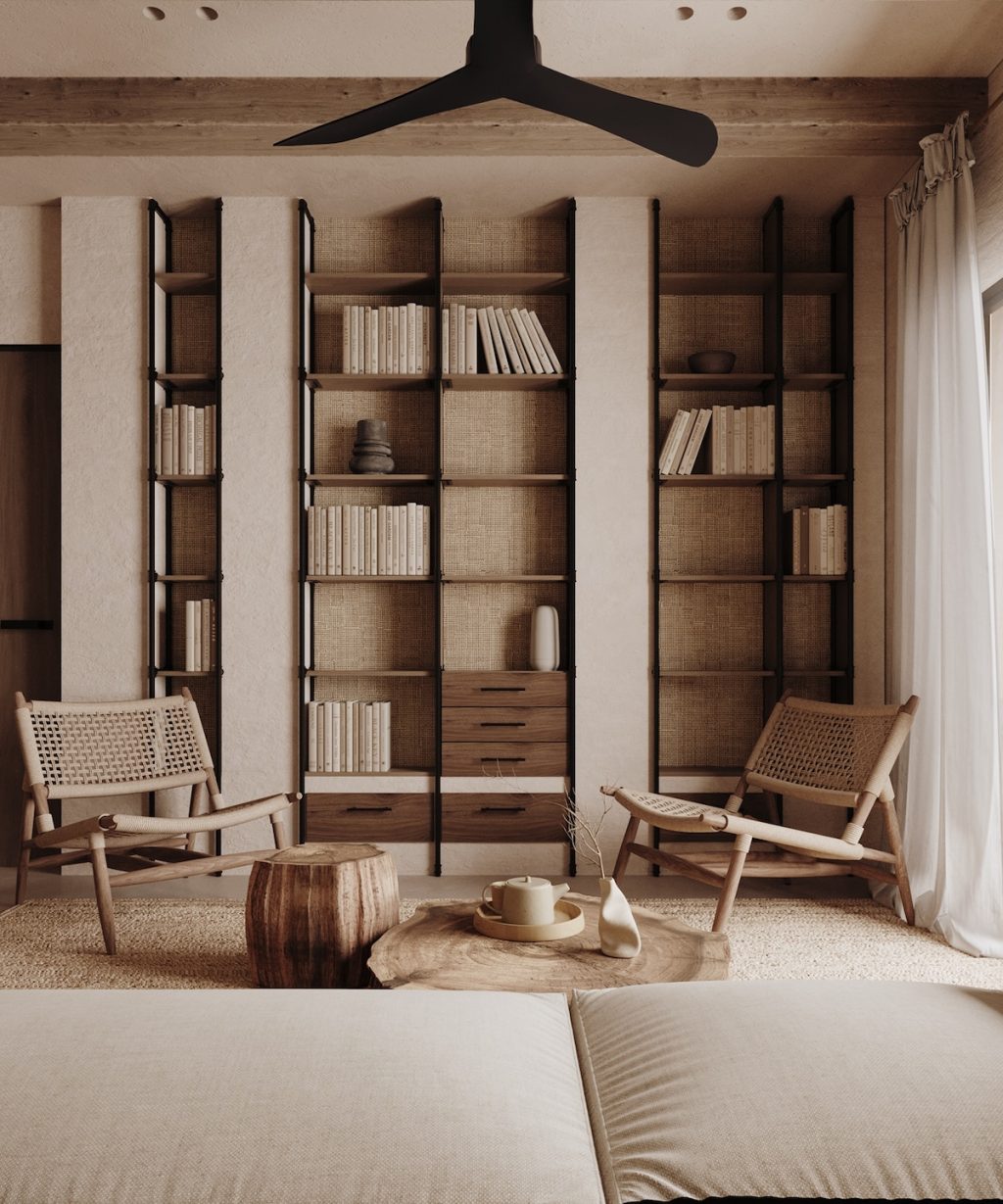 natural bookcase and seating area