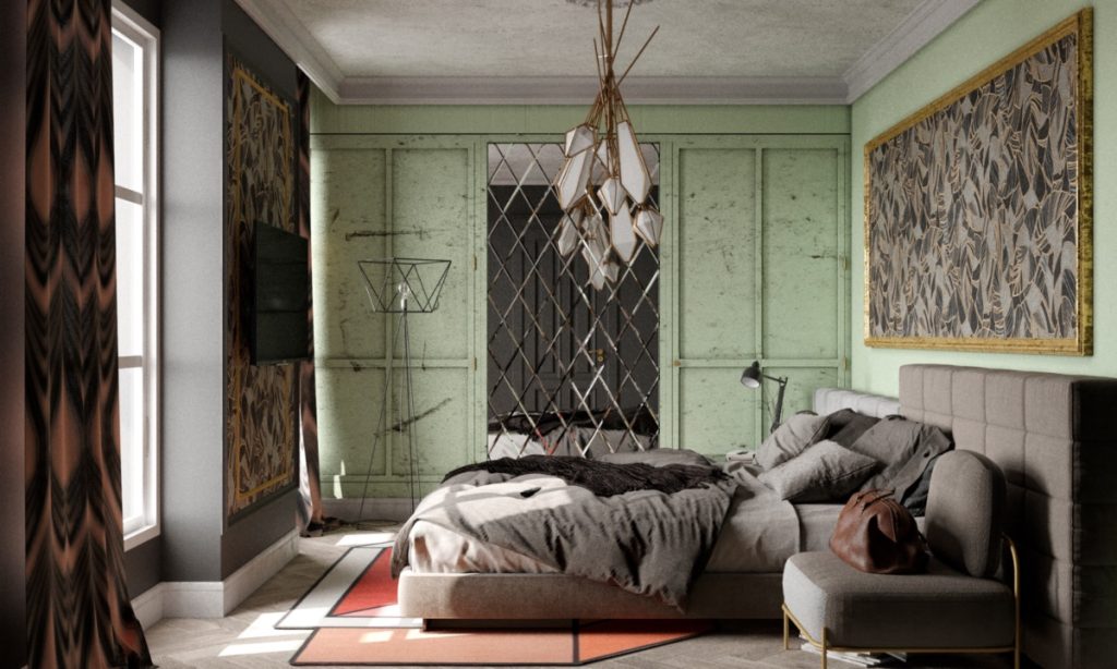 sage green and gray bedroom