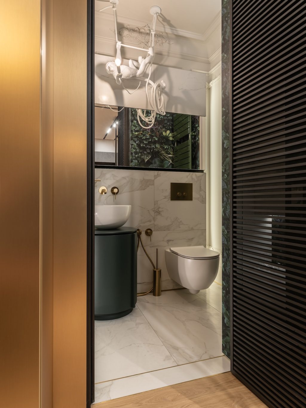 sleek bathroom with wall mounted toilet