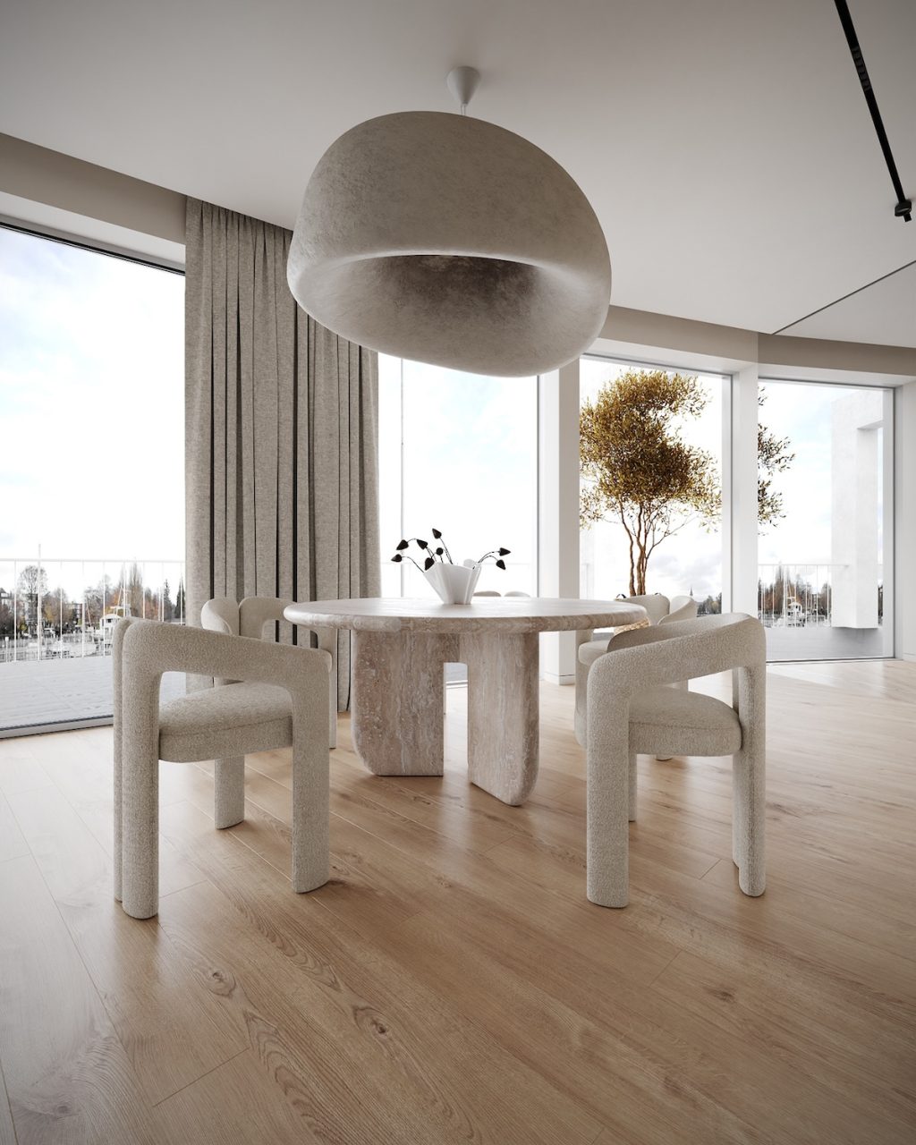 sleek dining table in open floor plan