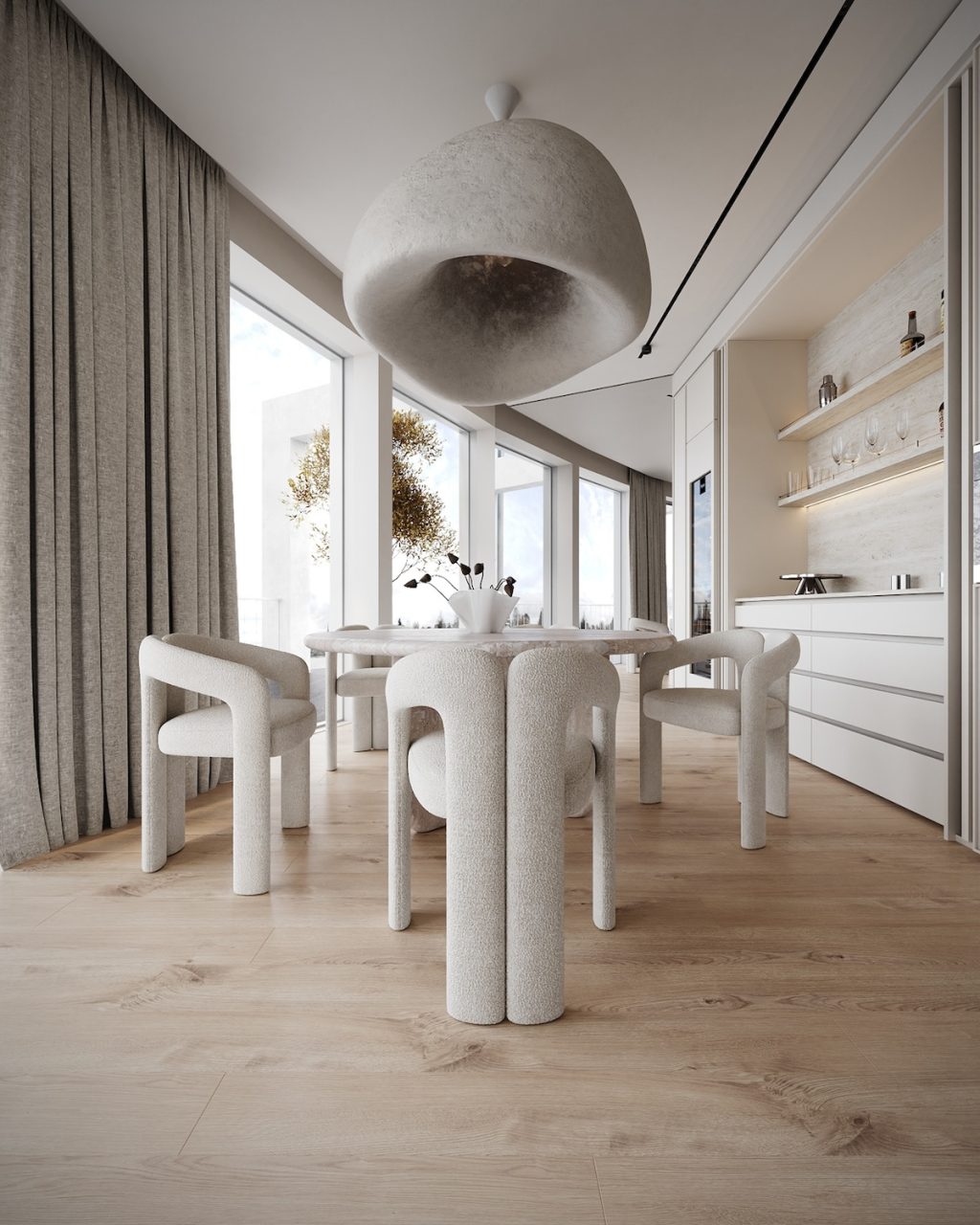 statement chandelier over dining area