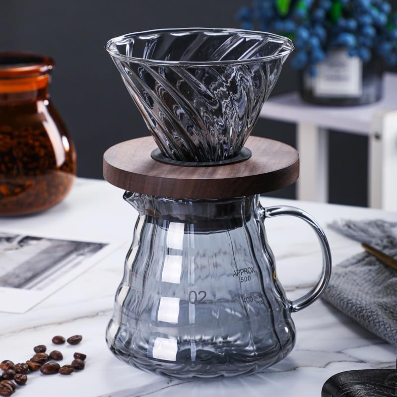 Pour-over coffee carafe made from smokey glass with walnut wood details